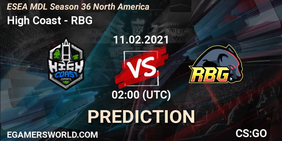 High Coast vs RBG: Match Prediction. 11.02.2021 at 02:00, Counter-Strike (CS2), MDL ESEA Season 36: North America - Premier Division
