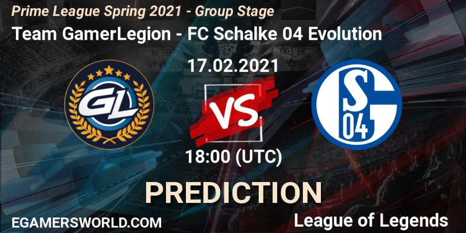 Team GamerLegion vs FC Schalke 04 Evolution: Match Prediction. 17.02.21, LoL, Prime League Spring 2021 - Group Stage