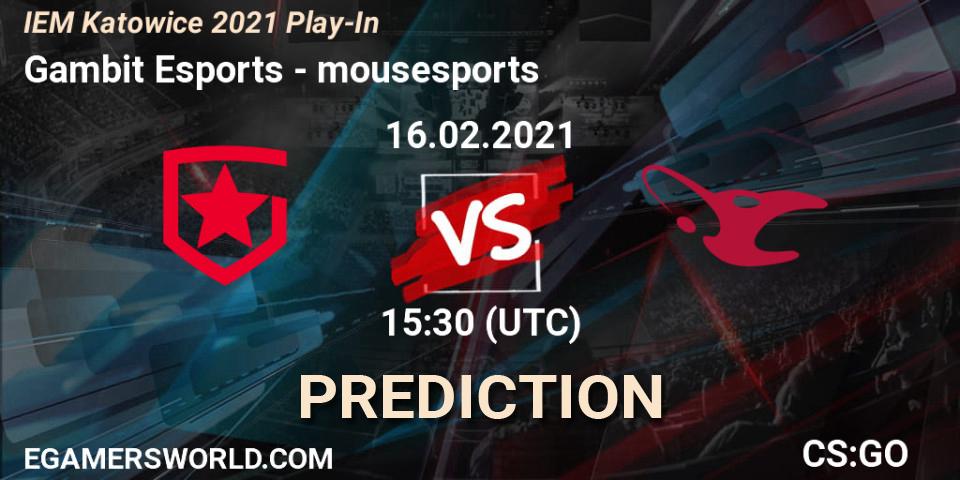 Gambit Esports vs mousesports: Match Prediction. 16.02.2021 at 15:30, Counter-Strike (CS2), IEM Katowice 2021 Play-In