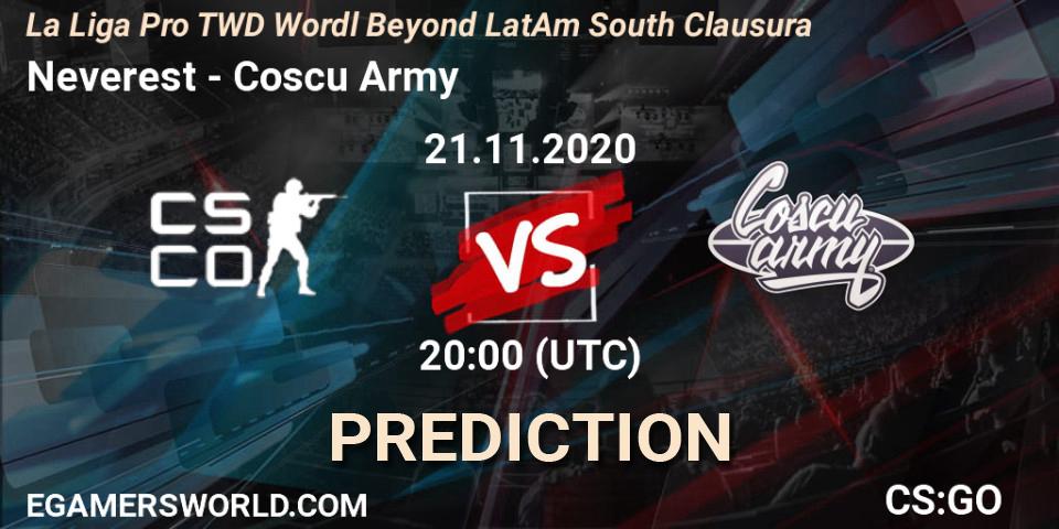 Neverest vs Coscu Army: Match Prediction. 21.11.20, CS2 (CS:GO), La Liga Pro TWD Wordl Beyond LatAm South Clausura