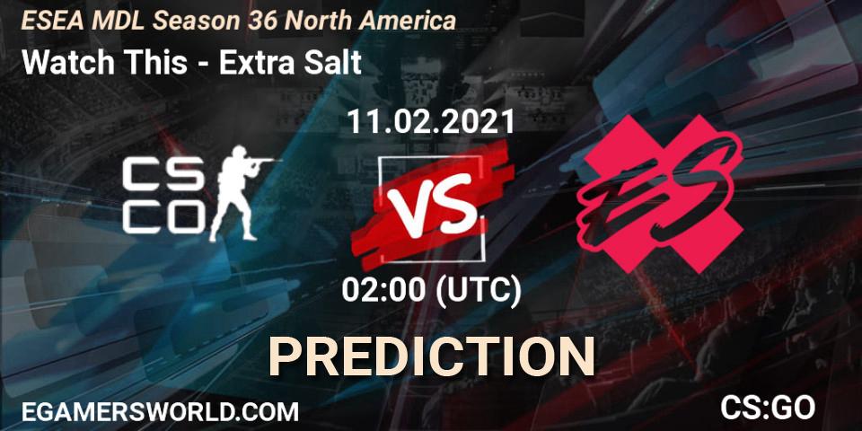 Watch This vs Extra Salt: Match Prediction. 11.02.2021 at 02:00, Counter-Strike (CS2), MDL ESEA Season 36: North America - Premier Division
