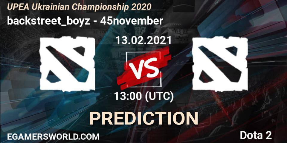 backstreet_boyz vs 45november: Match Prediction. 06.03.2021 at 13:40, Dota 2, UPEA Ukrainian Championship 2020
