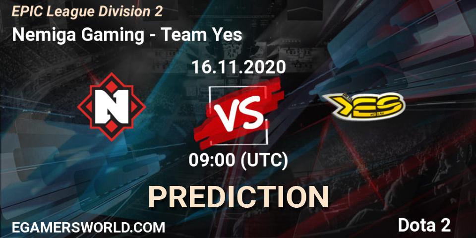 Nemiga Gaming vs Team Yes: Match Prediction. 16.11.2020 at 09:10, Dota 2, EPIC League Division 2