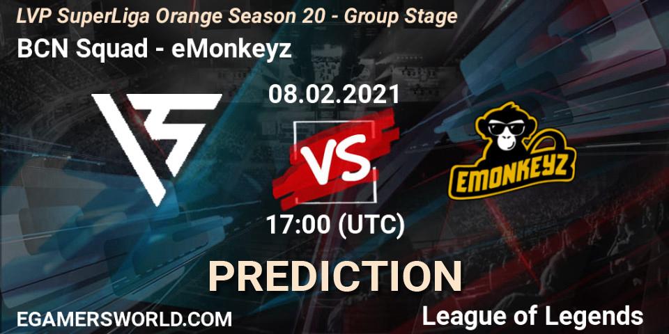BCN Squad vs eMonkeyz: Match Prediction. 08.02.2021 at 17:00, LoL, LVP SuperLiga Orange Season 20 - Group Stage