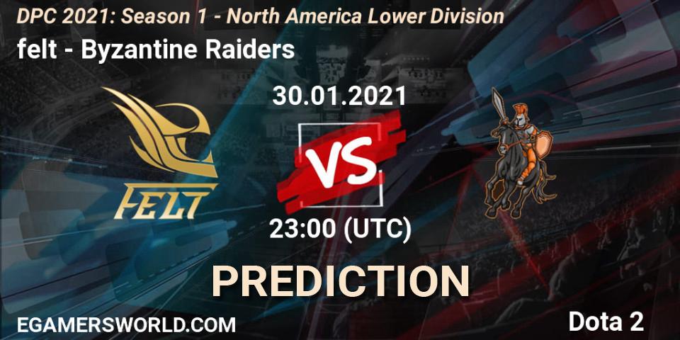 felt vs Byzantine Raiders: Match Prediction. 30.01.2021 at 23:01, Dota 2, DPC 2021: Season 1 - North America Lower Division