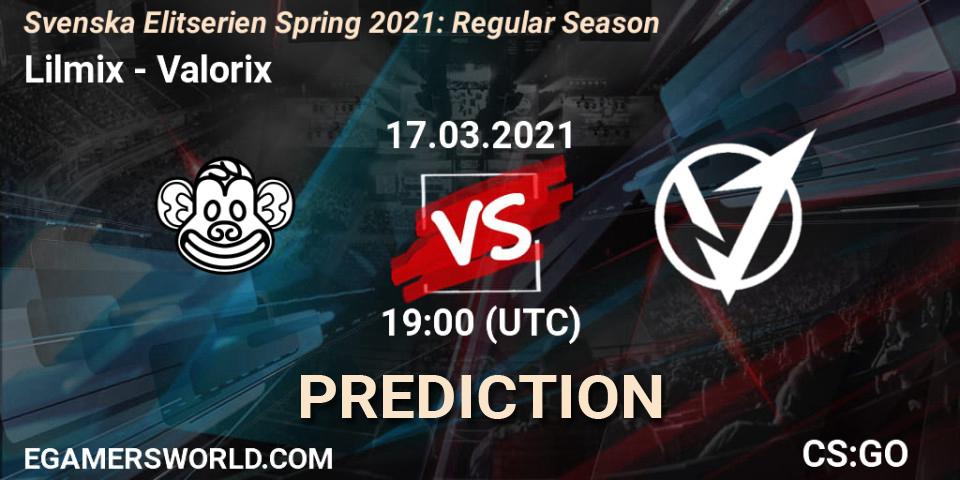 Lilmix vs Valorix: Match Prediction. 17.03.2021 at 19:00, Counter-Strike (CS2), Svenska Elitserien Spring 2021: Regular Season