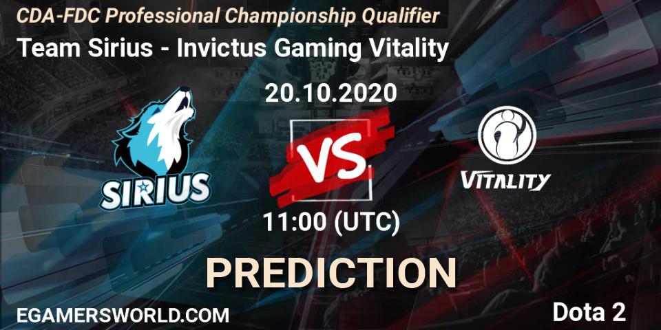Team Sirius vs Invictus Gaming Vitality: Match Prediction. 20.10.2020 at 11:12, Dota 2, CDA-FDC Professional Championship Qualifier