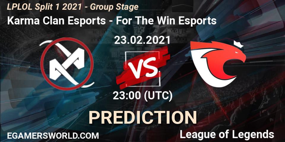 Karma Clan Esports vs For The Win Esports: Match Prediction. 23.02.2021 at 23:00, LoL, LPLOL Split 1 2021 - Group Stage