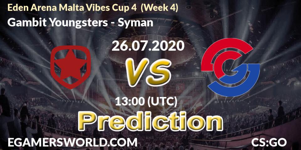 Gambit Youngsters vs Syman: Match Prediction. 26.07.2020 at 13:00, Counter-Strike (CS2), Eden Arena Malta Vibes Cup 4 (Week 4)