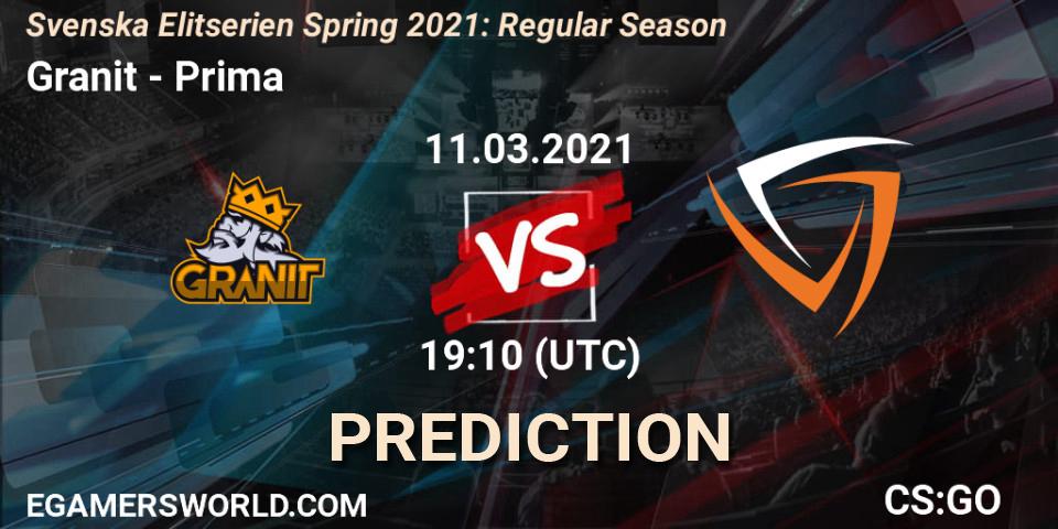 Granit vs Prima: Match Prediction. 11.03.2021 at 19:10, Counter-Strike (CS2), Svenska Elitserien Spring 2021: Regular Season