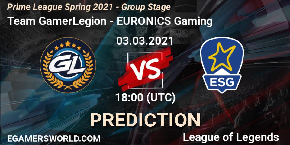 Team GamerLegion vs EURONICS Gaming: Match Prediction. 03.03.2021 at 18:00, LoL, Prime League Spring 2021 - Group Stage