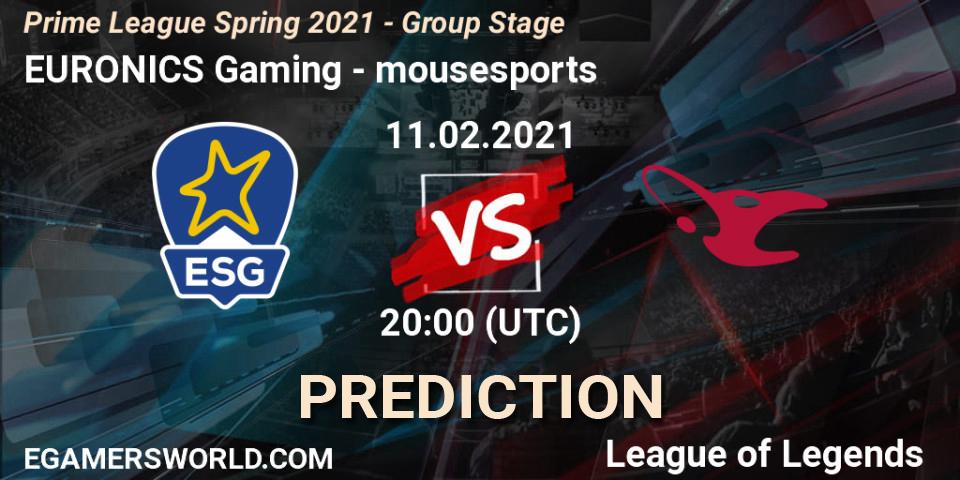 EURONICS Gaming vs mousesports: Match Prediction. 11.02.2021 at 20:00, LoL, Prime League Spring 2021 - Group Stage