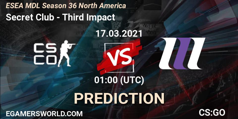 Secret Club vs Third Impact: Match Prediction. 17.03.2021 at 01:00, Counter-Strike (CS2), MDL ESEA Season 36: North America - Premier Division