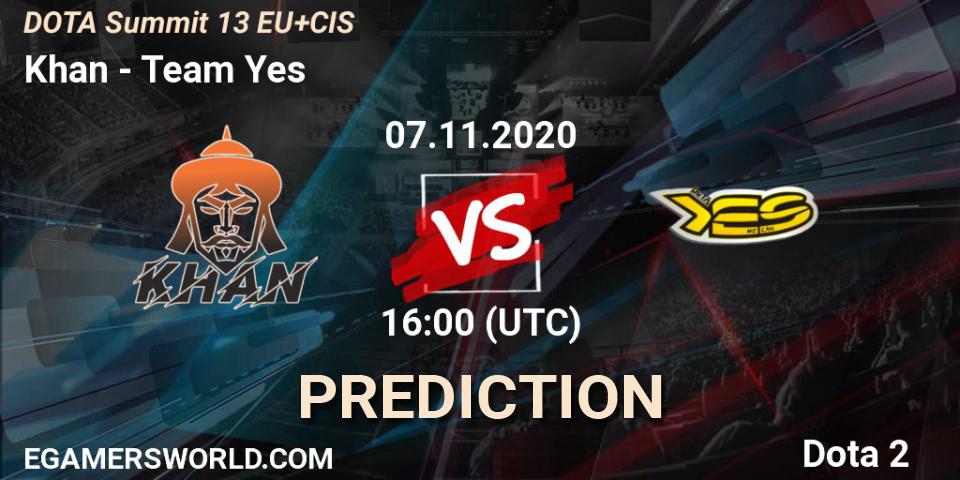 Khan vs Team Yes: Match Prediction. 07.11.2020 at 16:05, Dota 2, DOTA Summit 13: EU & CIS
