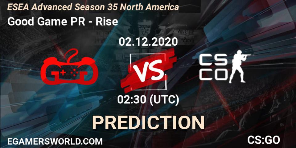 Good Game PR vs Rise: Match Prediction. 02.12.2020 at 02:10, Counter-Strike (CS2), ESEA Advanced Season 35 North America