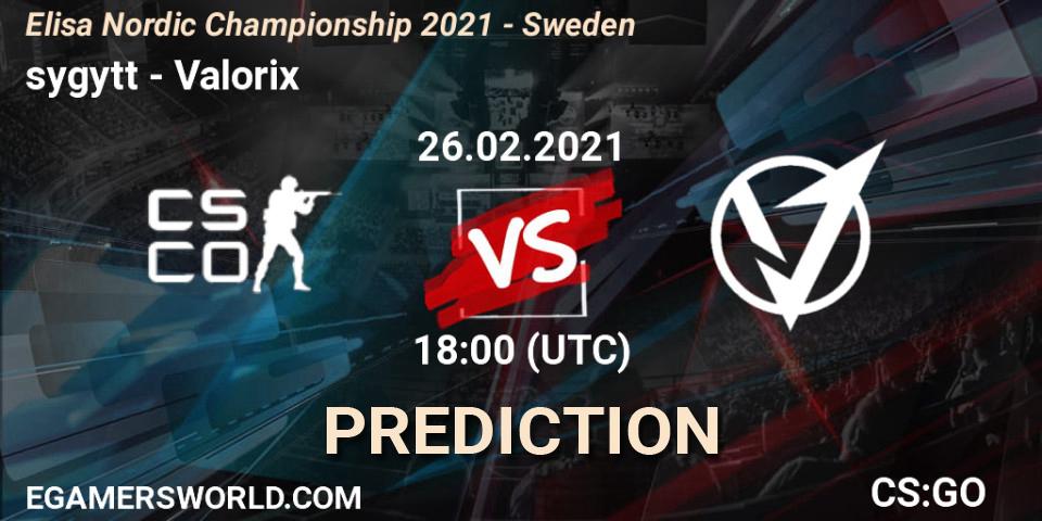 sygytt vs Valorix: Match Prediction. 26.02.2021 at 18:00, Counter-Strike (CS2), Elisa Nordic Championship 2021 - Sweden