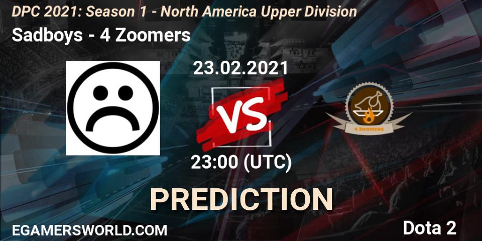 Sadboys vs 4 Zoomers: Match Prediction. 23.02.2021 at 22:59, Dota 2, DPC 2021: Season 1 - North America Upper Division