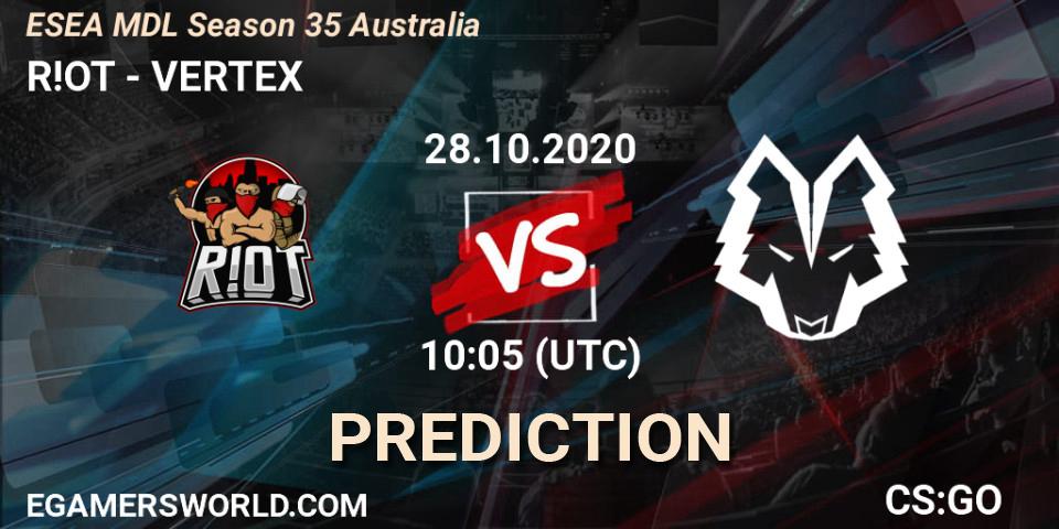 R!OT vs VERTEX: Match Prediction. 28.10.2020 at 10:05, Counter-Strike (CS2), ESEA MDL Season 35 Australia
