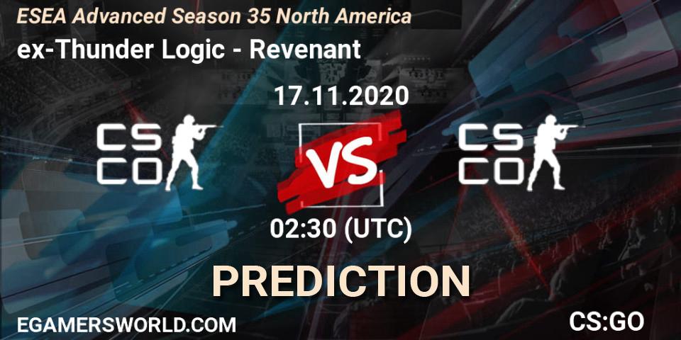 ex-Thunder Logic vs Revenant: Match Prediction. 18.11.2020 at 02:30, Counter-Strike (CS2), ESEA Advanced Season 35 North America