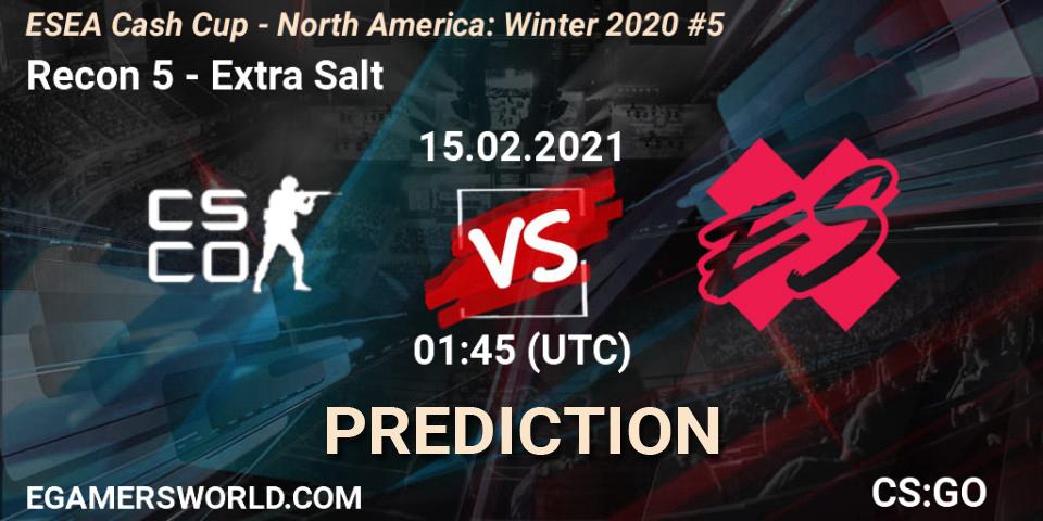 Recon 5 vs Extra Salt: Match Prediction. 15.02.2021 at 01:45, Counter-Strike (CS2), ESEA Cash Cup - North America: Winter 2020 #5