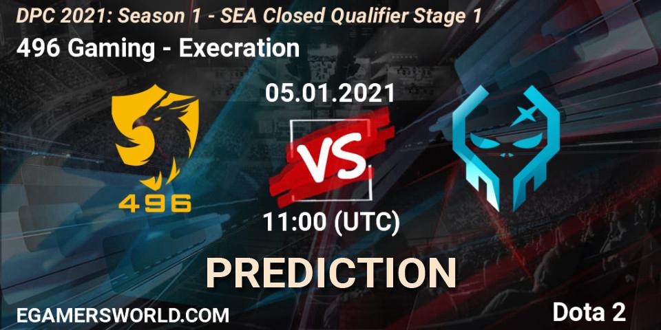 496 Gaming vs Execration: Match Prediction. 05.01.2021 at 09:37, Dota 2, DPC 2021: Season 1 - SEA Closed Qualifier Stage 1