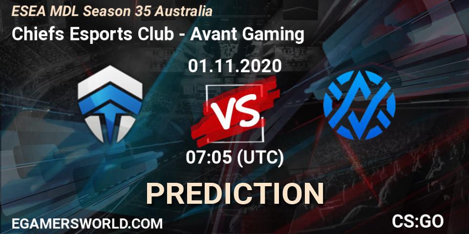 Chiefs Esports Club vs Avant Gaming: Match Prediction. 01.11.2020 at 07:05, Counter-Strike (CS2), ESEA MDL Season 35 Australia