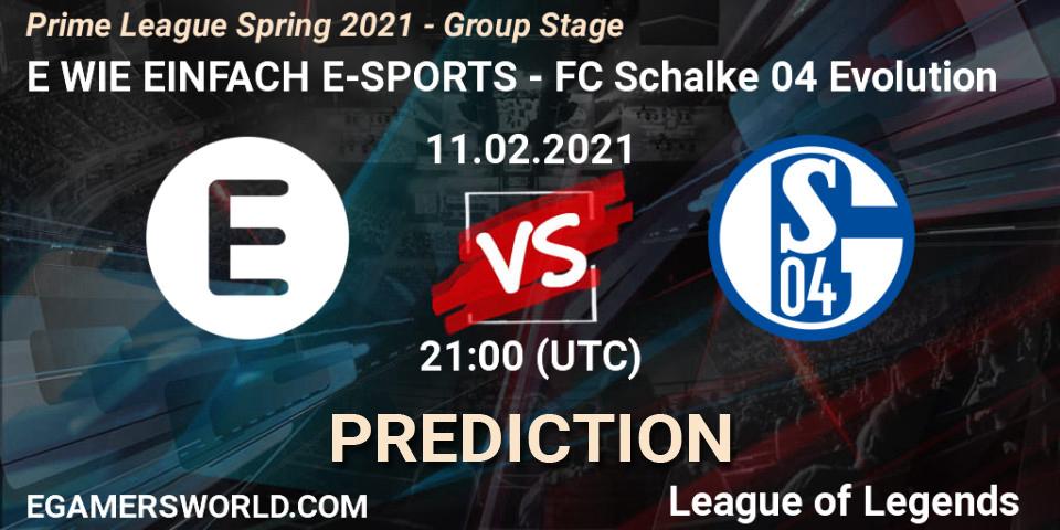 E WIE EINFACH E-SPORTS vs FC Schalke 04 Evolution: Match Prediction. 11.02.2021 at 22:00, LoL, Prime League Spring 2021 - Group Stage