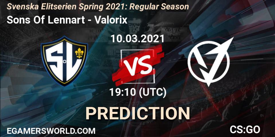 Sons Of Lennart vs Valorix: Match Prediction. 10.03.2021 at 19:10, Counter-Strike (CS2), Svenska Elitserien Spring 2021: Regular Season
