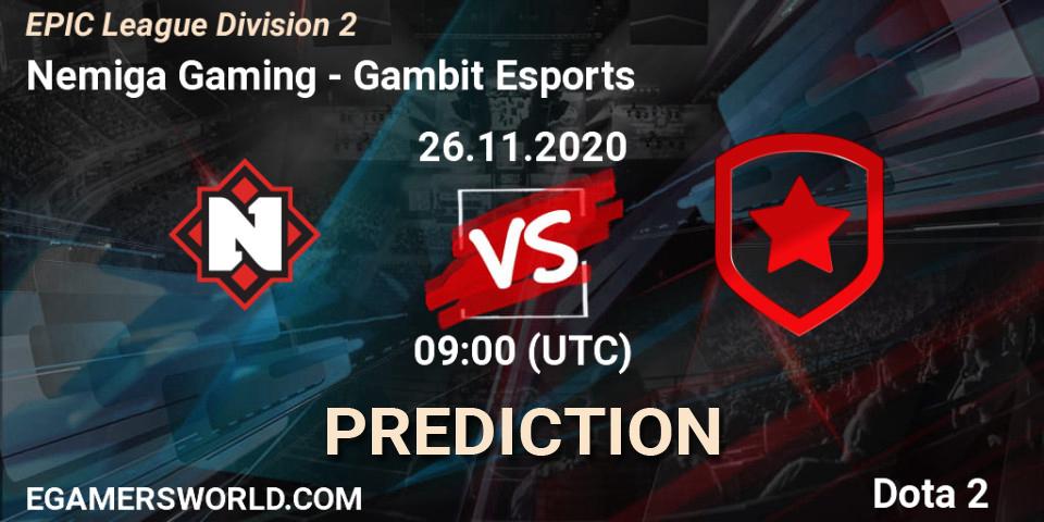 Nemiga Gaming vs Gambit Esports: Match Prediction. 26.11.2020 at 09:00, Dota 2, EPIC League Division 2