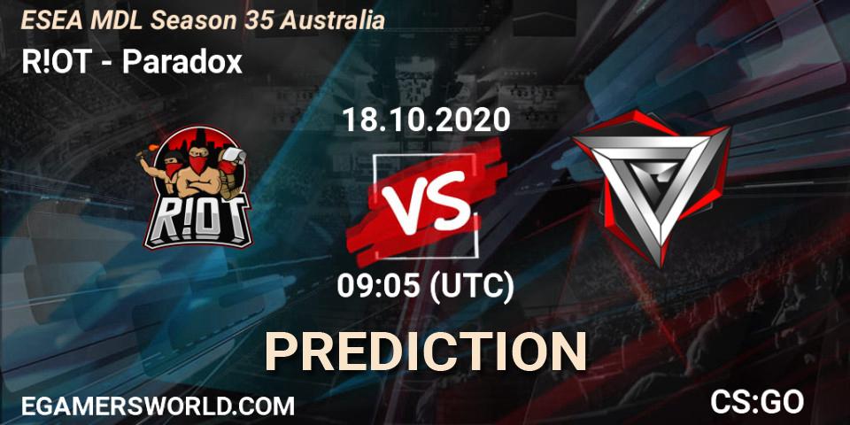 R!OT vs Paradox: Match Prediction. 26.10.2020 at 10:05, Counter-Strike (CS2), ESEA MDL Season 35 Australia
