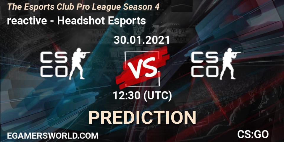 reactive vs Headshot Esports: Match Prediction. 30.01.2021 at 12:30, Counter-Strike (CS2), The Esports Club Pro League Season 4
