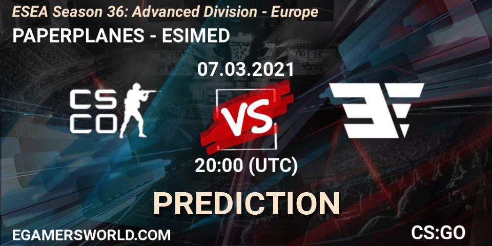 PAPERPLANES vs ESIMED: Match Prediction. 07.03.2021 at 20:00, Counter-Strike (CS2), ESEA Season 36: Europe - Advanced Division