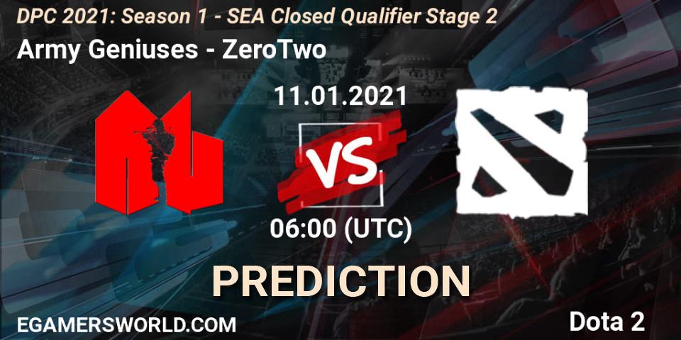 Army Geniuses vs ZeroTwo: Match Prediction. 11.01.2021 at 06:00, Dota 2, DPC 2021: Season 1 - SEA Closed Qualifier Stage 2