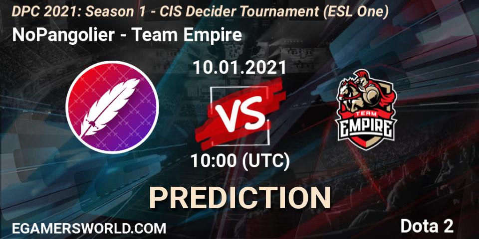 NoPangolier vs Team Empire: Match Prediction. 10.01.2021 at 10:00, Dota 2, DPC 2021: Season 1 - CIS Decider Tournament (ESL One)