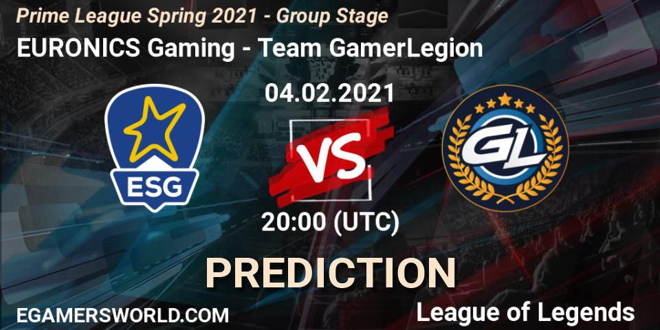 EURONICS Gaming vs Team GamerLegion: Match Prediction. 04.02.2021 at 20:30, LoL, Prime League Spring 2021 - Group Stage