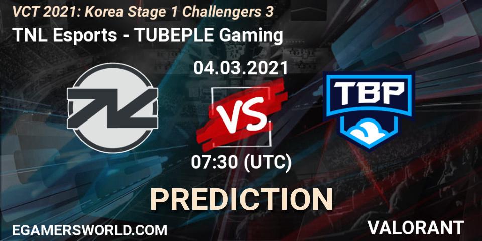 TNL Esports vs TUBEPLE Gaming: Match Prediction. 04.03.2021 at 07:30, VALORANT, VCT 2021: Korea Stage 1 Challengers 3