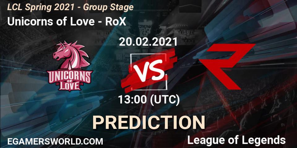 Unicorns of Love vs RoX: Match Prediction. 20.02.2021 at 13:00, LoL, LCL Spring 2021 - Group Stage