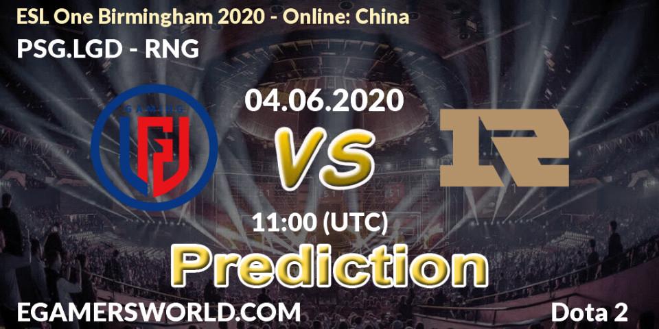 PSG.LGD vs RNG: Match Prediction. 04.06.2020 at 11:00, Dota 2, ESL One Birmingham 2020 - Online: China