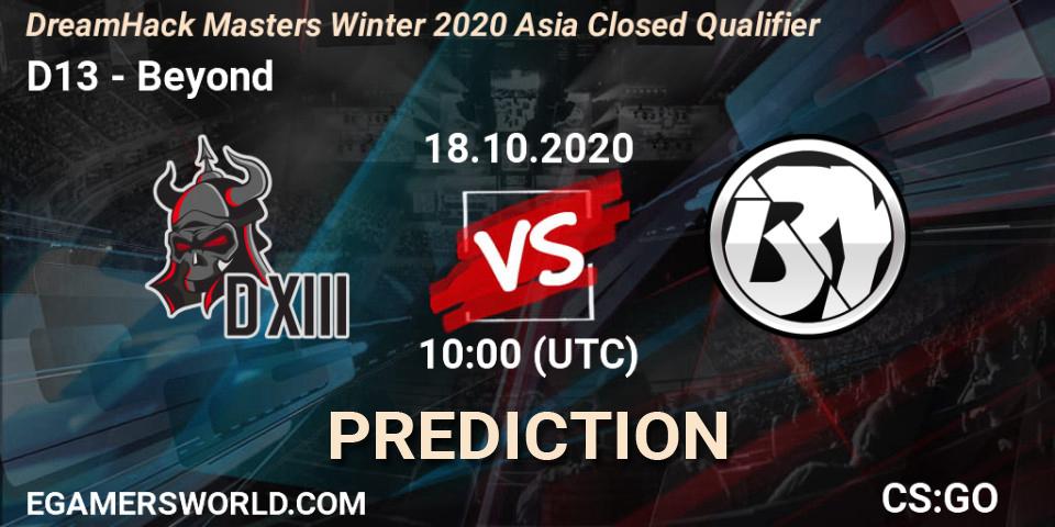 D13 vs Beyond: Match Prediction. 18.10.20, CS2 (CS:GO), DreamHack Masters Winter 2020 Asia Closed Qualifier