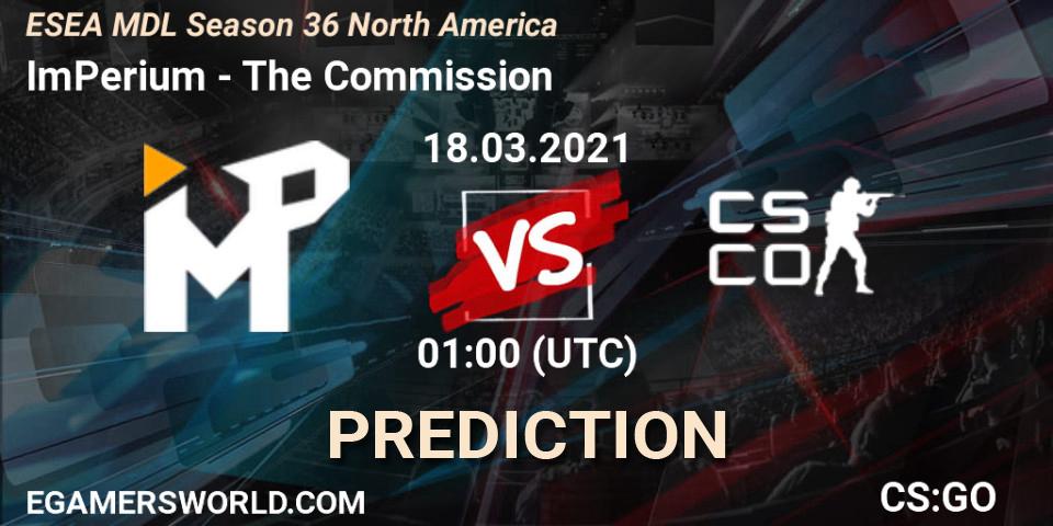 ImPerium vs The Commission: Match Prediction. 18.03.2021 at 01:00, Counter-Strike (CS2), MDL ESEA Season 36: North America - Premier Division