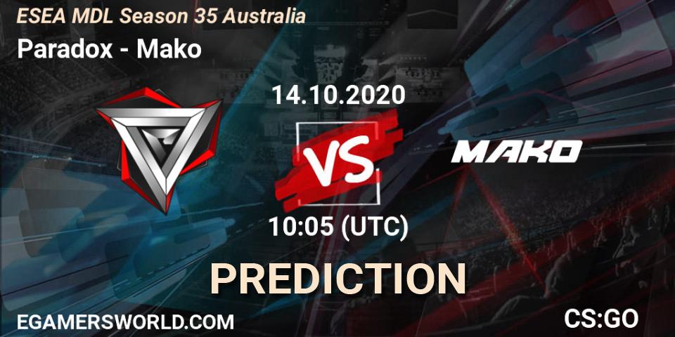 Paradox vs Mako: Match Prediction. 14.10.2020 at 10:15, Counter-Strike (CS2), ESEA MDL Season 35 Australia