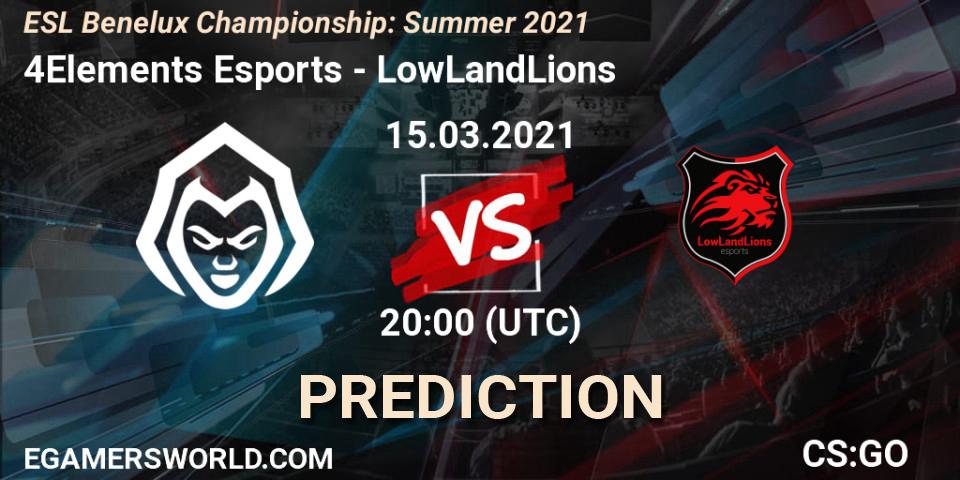 4Elements Esports vs LowLandLions: Match Prediction. 15.03.2021 at 20:00, Counter-Strike (CS2), ESL Benelux Championship: Summer 2021