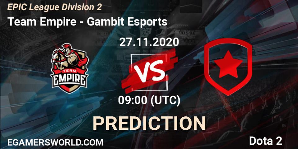 Team Empire vs Gambit Esports: Match Prediction. 27.11.2020 at 09:01, Dota 2, EPIC League Division 2