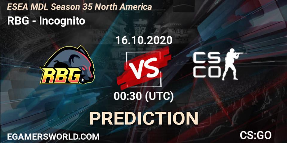 RBG vs Incognito: Match Prediction. 16.10.2020 at 00:30, Counter-Strike (CS2), ESEA MDL Season 35 North America