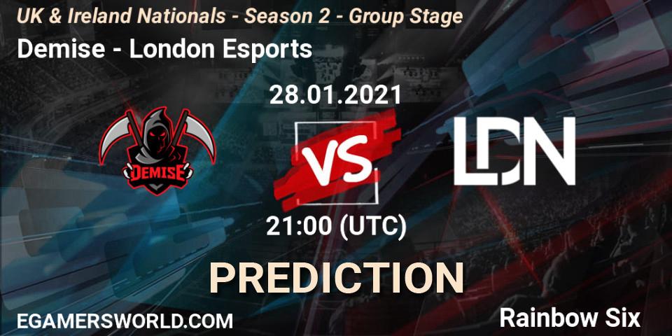 Demise vs London Esports: Match Prediction. 28.01.2021 at 21:00, Rainbow Six, UK & Ireland Nationals - Season 2 - Group Stage