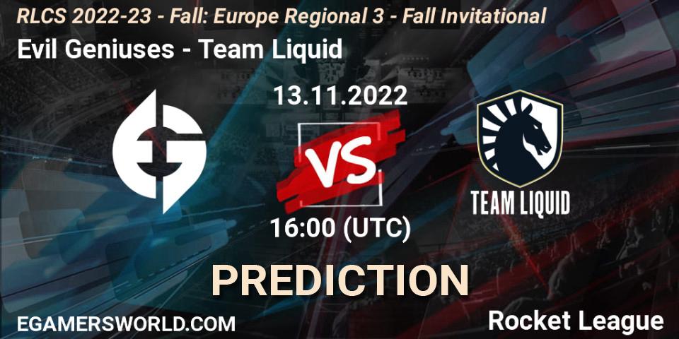 Evil Geniuses vs Team Liquid: Match Prediction. 13.11.22, Rocket League, RLCS 2022-23 - Fall: Europe Regional 3 - Fall Invitational