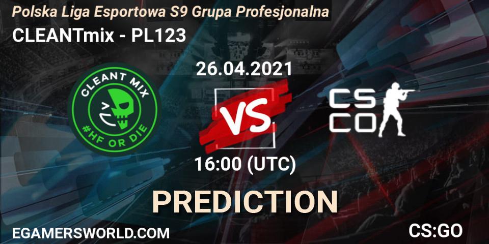 CLEANTmix vs PL123: Match Prediction. 27.04.2021 at 19:00, Counter-Strike (CS2), Polska Liga Esportowa S9 Grupa Profesjonalna