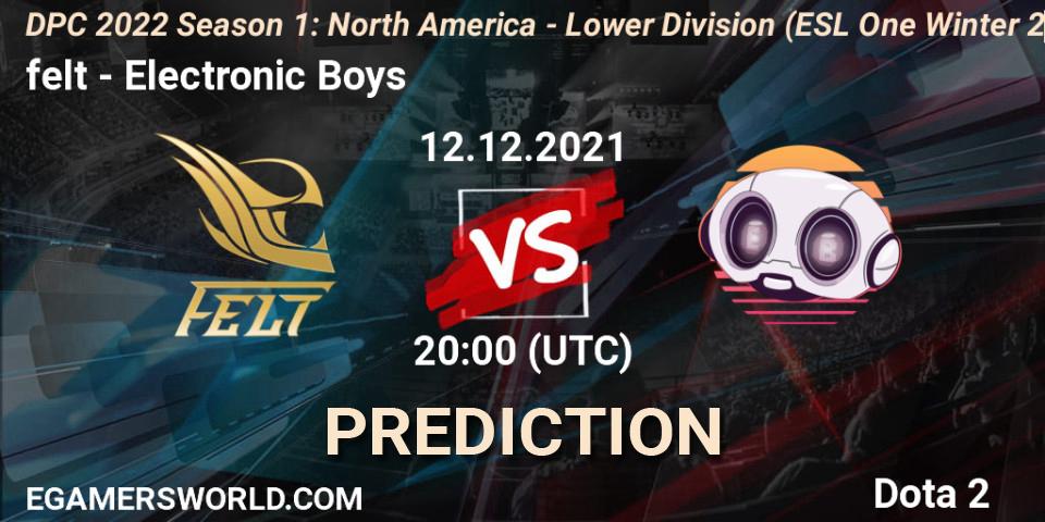 felt vs Electronic Boys: Match Prediction. 12.12.2021 at 19:55, Dota 2, DPC 2022 Season 1: North America - Lower Division (ESL One Winter 2021)