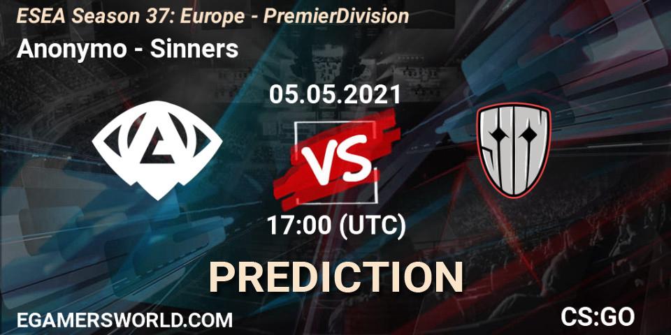 Anonymo vs Sinners: Match Prediction. 05.05.2021 at 17:00, Counter-Strike (CS2), ESEA Season 37: Europe - Premier Division