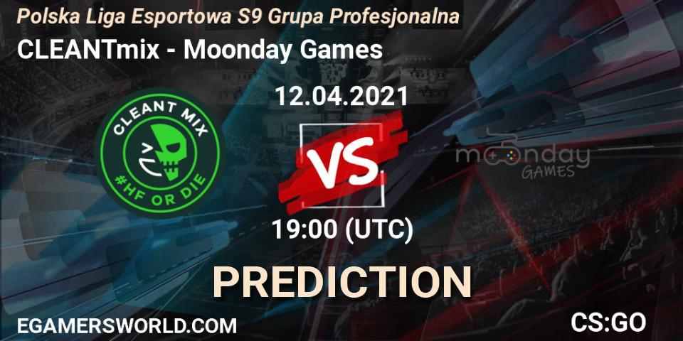 CLEANTmix vs Moonday Games: Match Prediction. 12.04.2021 at 19:30, Counter-Strike (CS2), Polska Liga Esportowa S9 Grupa Profesjonalna